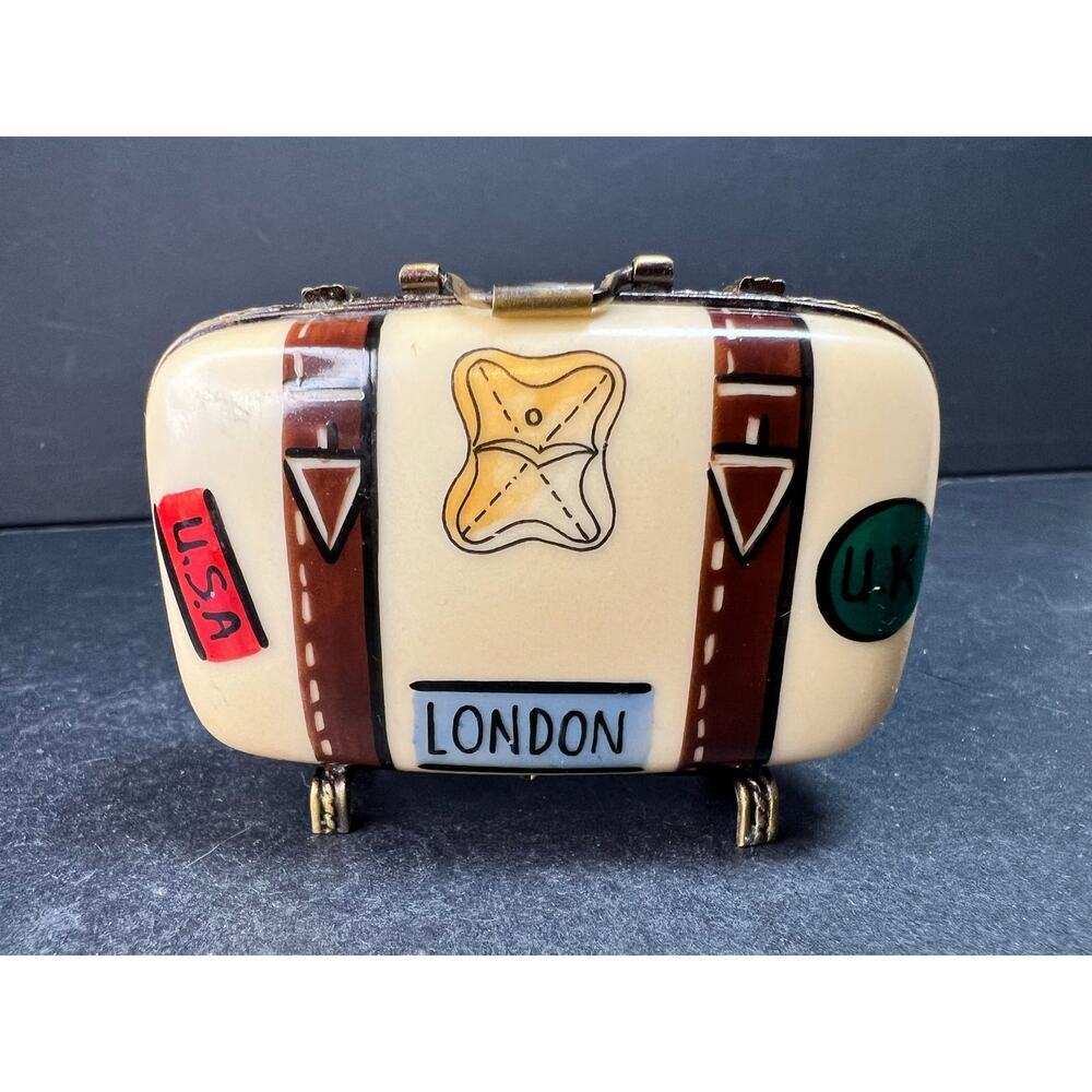 Vintage Limoges Peint Main London Suitcase Trinket Box France